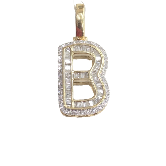 Real Natural Diamond 10kt Yellow Gold Baguette Style Initial B Pendant